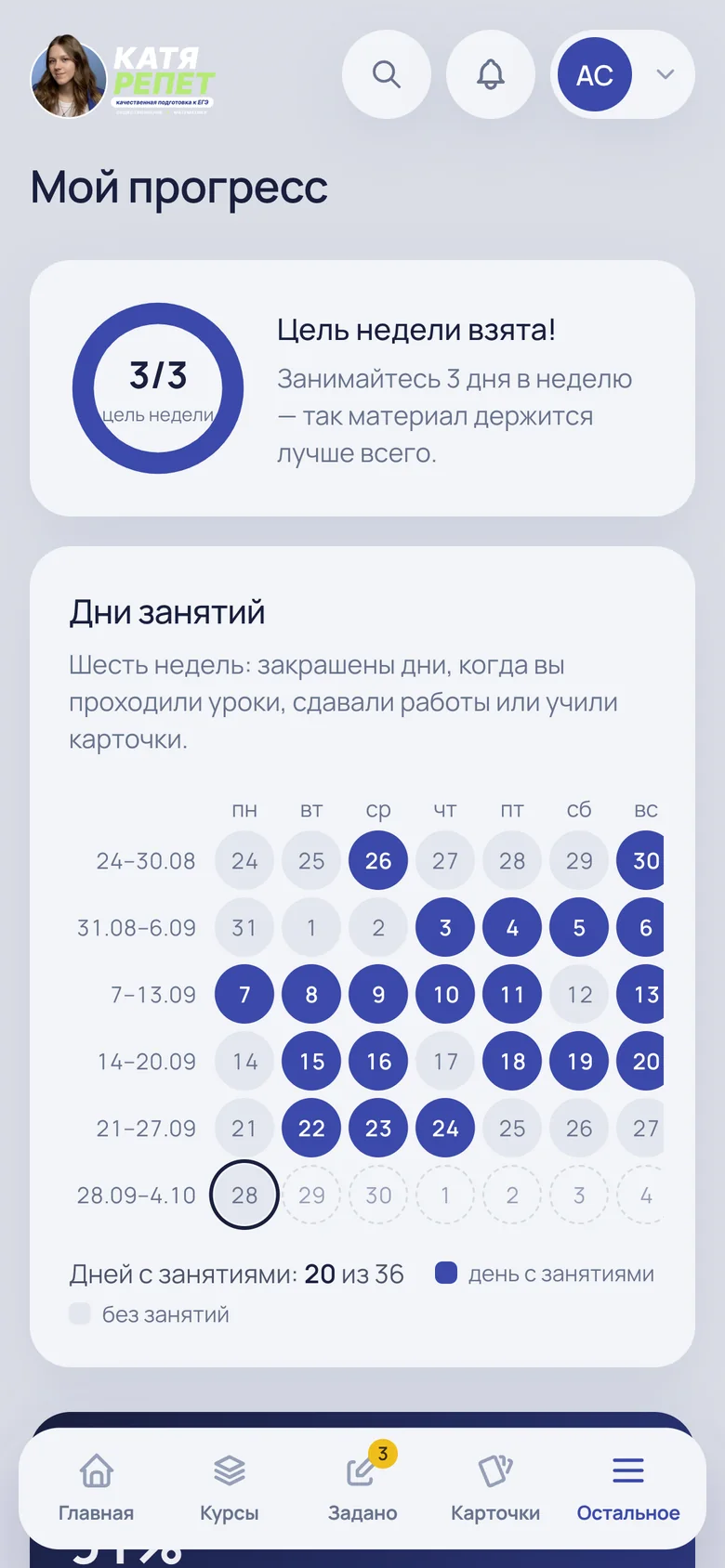 Раздел «Мой прогресс» на телефоне